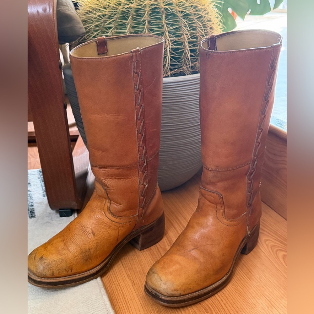 Vintage Frye Leather 70s Campus Western Boho Moto Hippie Thrashed Tan Boots 9.5